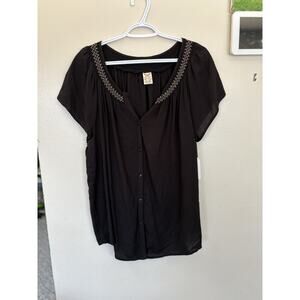 Faded Glory Black Short Sleeved Stretch Pleated Neck Button Up Blouse XXL (20)